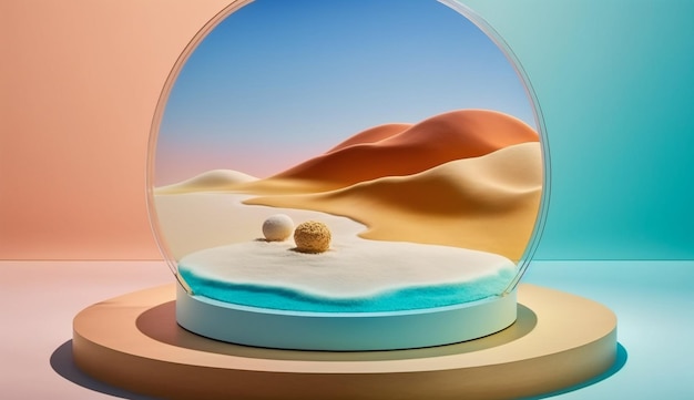 Low podium sand with backdrop made of Oranges and Flamingos background Mockup for product placement with Generative AI