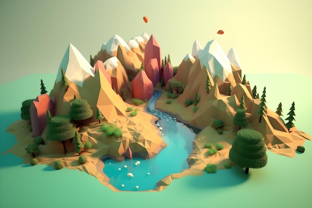 A low poly 3D art of a mountain landscape with mountains and trees