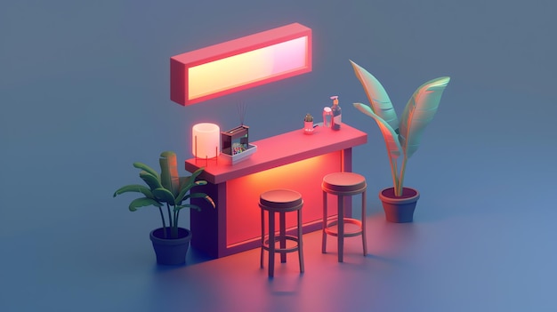 Photo low poly 3d illustration of a bar counter with stools plants and lamps