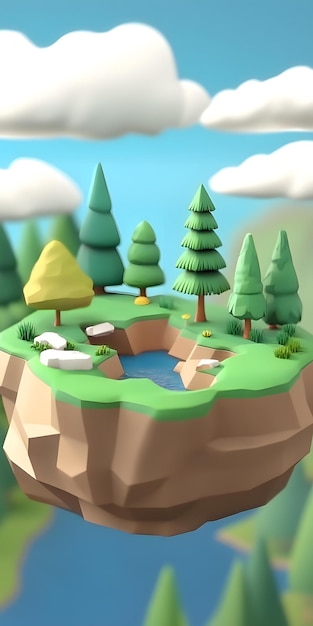 Photo low poly 3d illustration of a floating island with trees and a lake