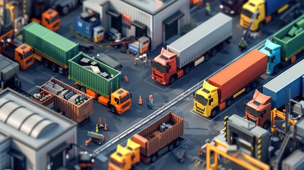 Low Poly 3D Render of a Busy Cargo Container Yard