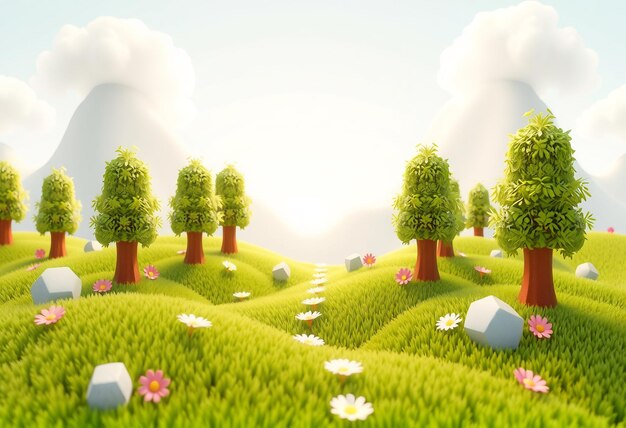 Photo low poly 3d rendering of a sunny green field with trees and flowers