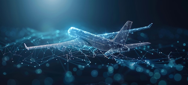 Photo low poly airplane made of glowing points and lines flying in a digital network landscape