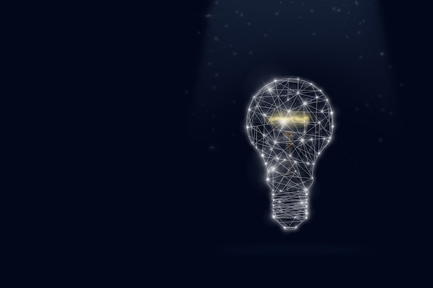 Low Poly Bulb Light Hologram on dark blue background.