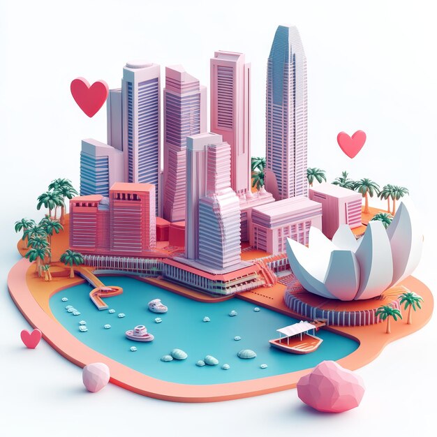 Photo low poly cityscape with marina bay sands and heart decorations