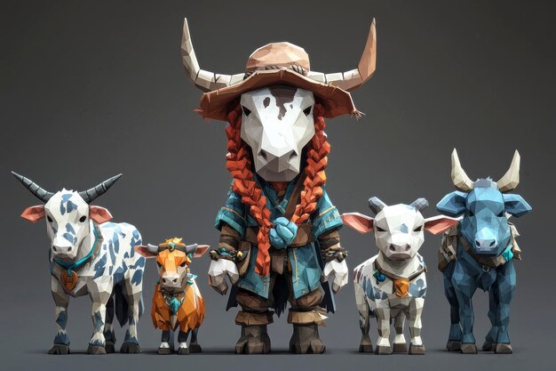 Photo low poly cow family in a western setting