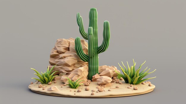 A low poly desert scene with a tall cactus rocks and small plants