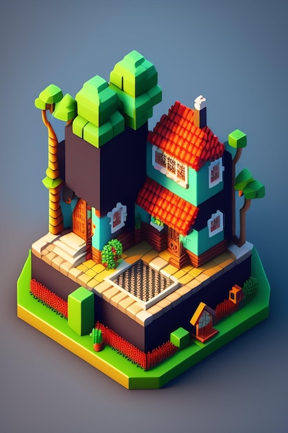 A low poly house with a tree in the front.