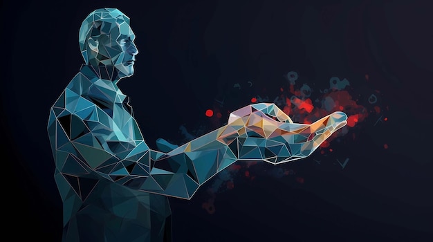 Low poly illustration of a man holding a crystal in his hand