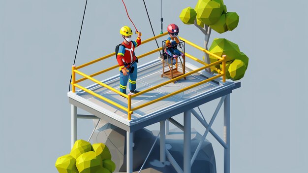 Low poly illustration of a rescue worker on a platform helping a person in a harness