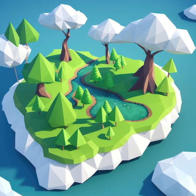 A low poly island with a forest in the middle.