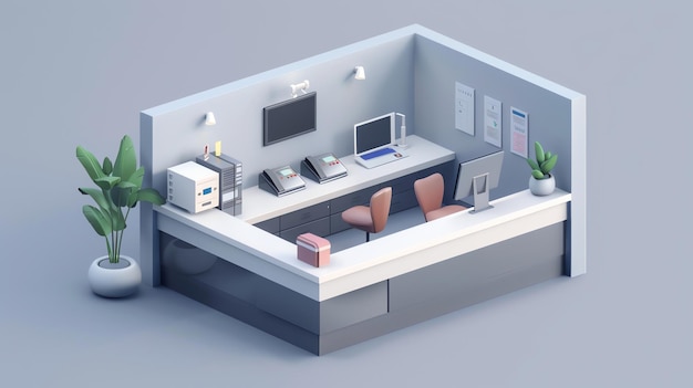 A low poly isometric 3D model of an office reception area