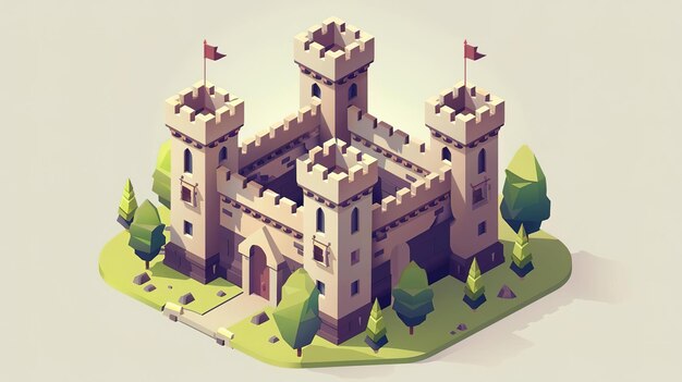 Photo low poly isometric illustration of a medieval castle with towers walls and a drawbridge