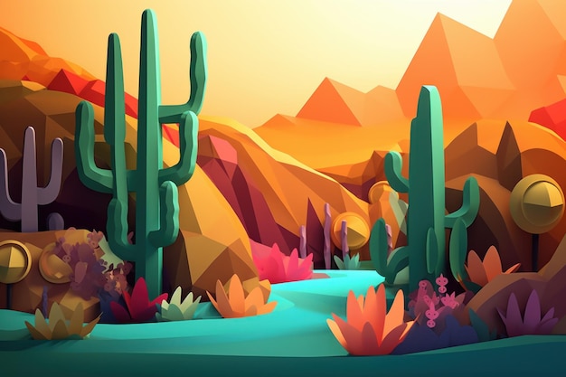 A low poly landscape with cactuses and mountains in the background.