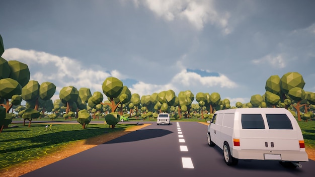 Low poly landscape with cars on a road and a natural environment in the background 3d render