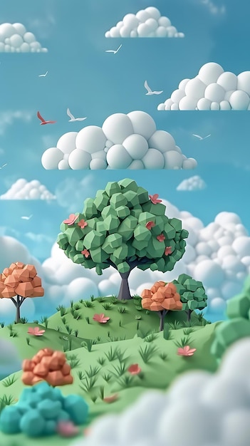 Low Poly Landscape with Colorful Trees and Clouds