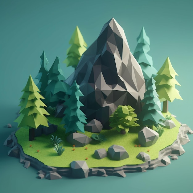 A low poly landscape with a mountain in the middle.