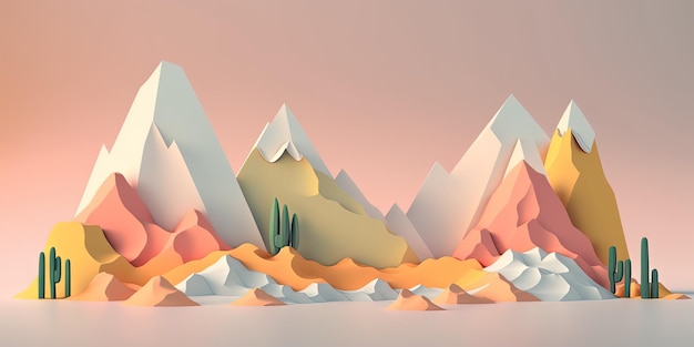 A low poly landscape with mountains and cactuses.