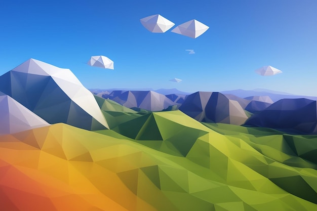 A low poly landscape with mountains and clouds.