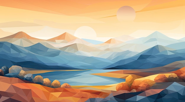 a low poly landscape with mountains and a lake