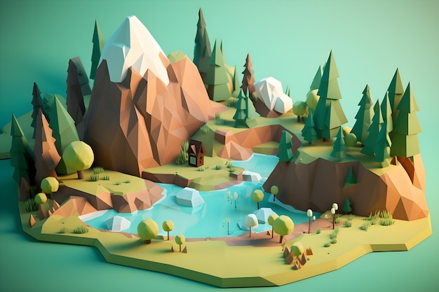 A low poly landscape with mountains and a river.