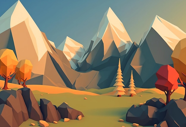 A low poly landscape with mountains and trees in the background.