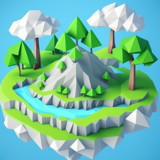 A low poly landscape with a river and mountains.