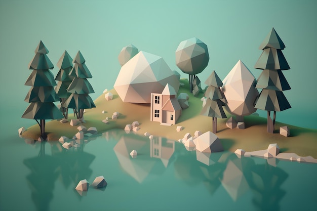 A low poly landscape with a small house in the middle of a lake.