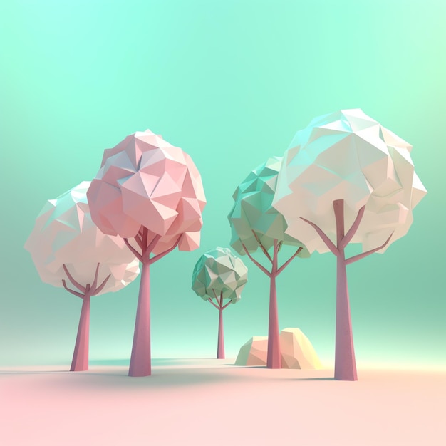 A low poly landscape with trees in the foreground.