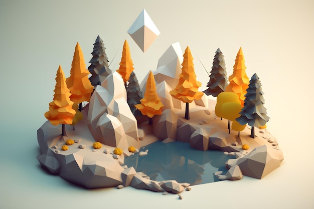 A low poly landscape with trees and lake in the middle