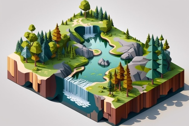 A low poly landscape with a waterfall and trees.