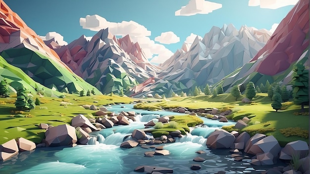 A low poly mountain landscape with a river running through it