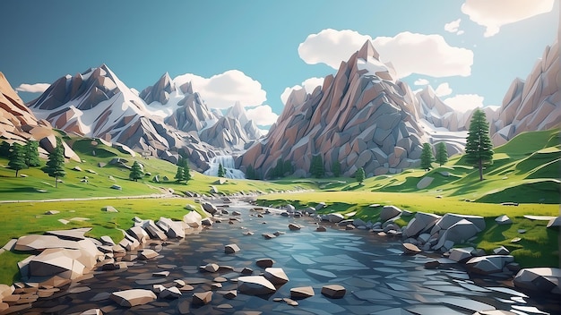 A low poly mountain landscape with a river running through it