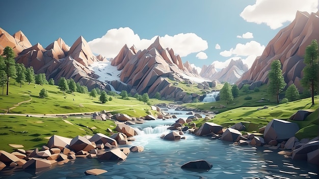 A low poly mountain landscape with a river running through it