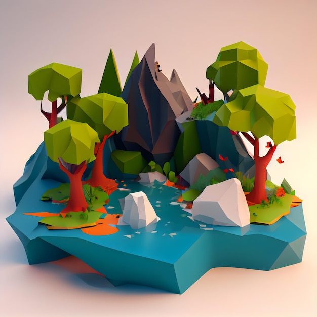 Low poly render of a landscape with a mountains and lake game concept landscape generative ai