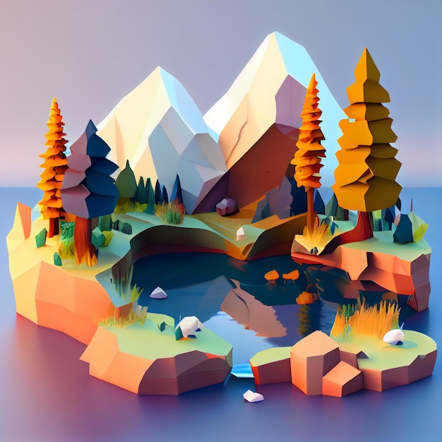 Low poly render of a landscape with a mountains and lake generative ai