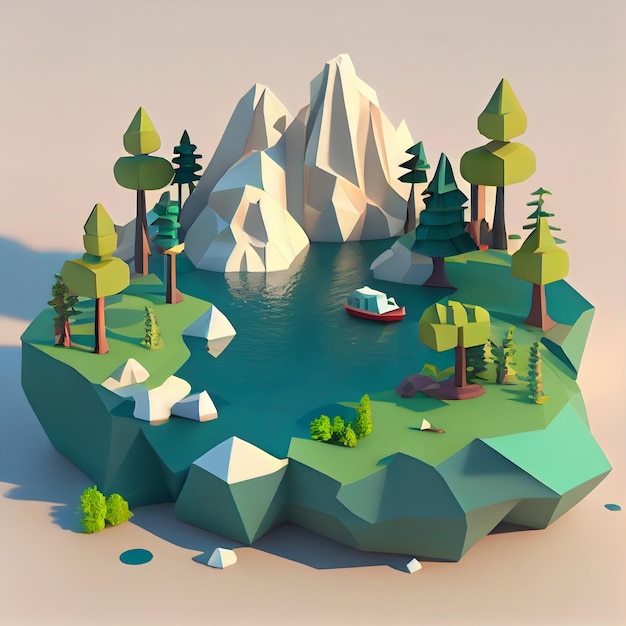 Low poly render of a landscape with a mountains and lake generative ai