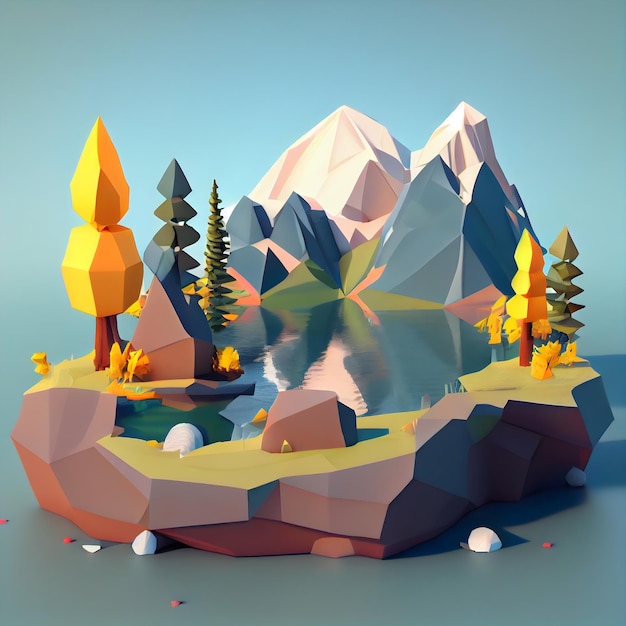 Low poly render of a landscape with a mountains and lake generative ai