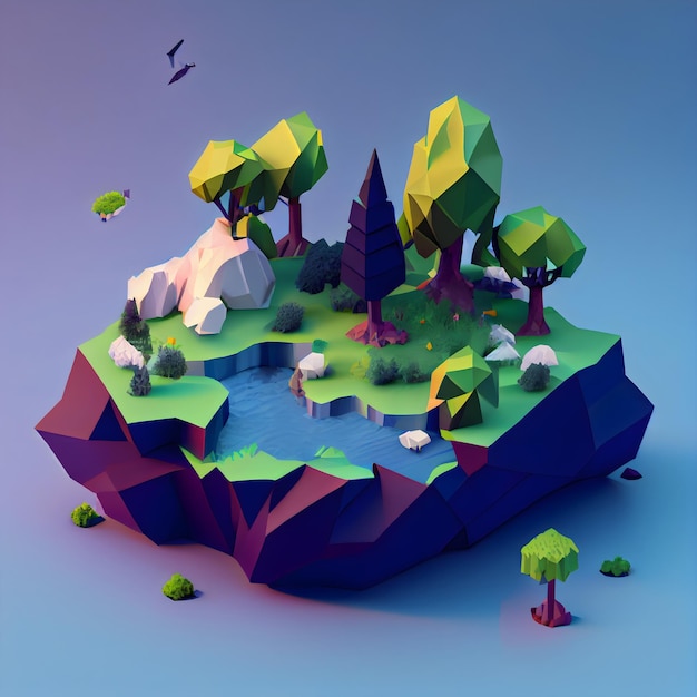 Low poly render of a landscape with a rocks and lake game concept landscape generative ai