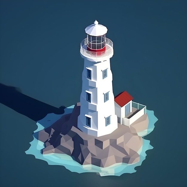 A low poly style lighthouse with a small island in the middle