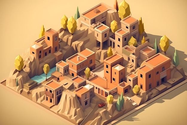 A low poly style model of South American village