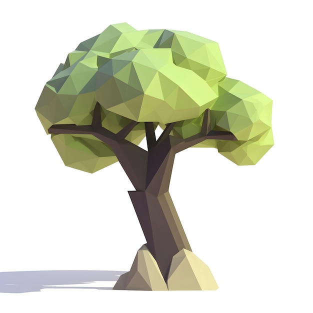 Photo a low poly tree with green leaves and a rock in the middle.