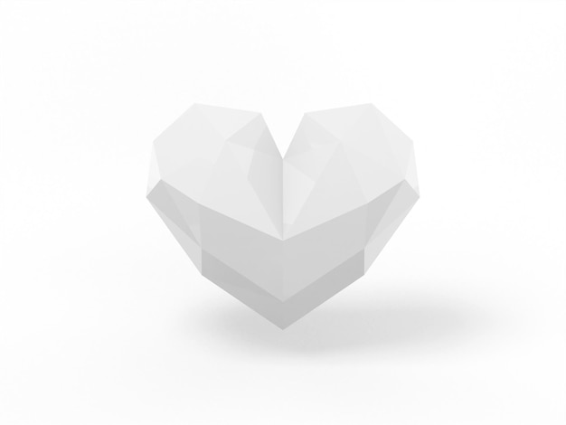 Low poly white single color heart on a white monochrome background. Minimalistic design object. 3d rendering icon ui ux interface element.