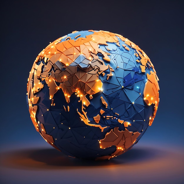 A low polyline earth illuminated by a blue and orange sky symbolizes the global Ai Generated