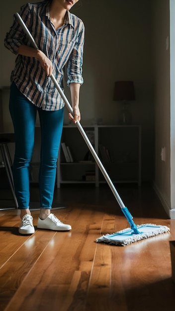 Low section of woman cleaning floor with mop