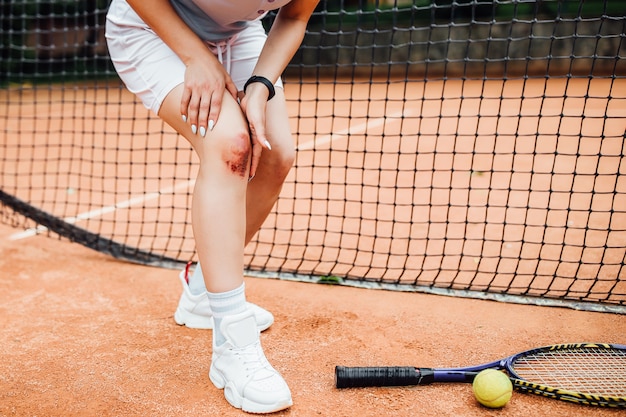 Low section of  woman holding tennis racket while suffering from knee pain on red tennis court during summer.