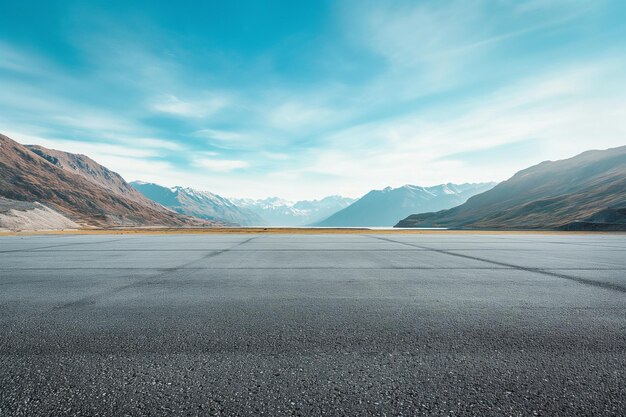 Low view Wide uninhabited asphalt pavement against a blue sky and a background of rolling mountains