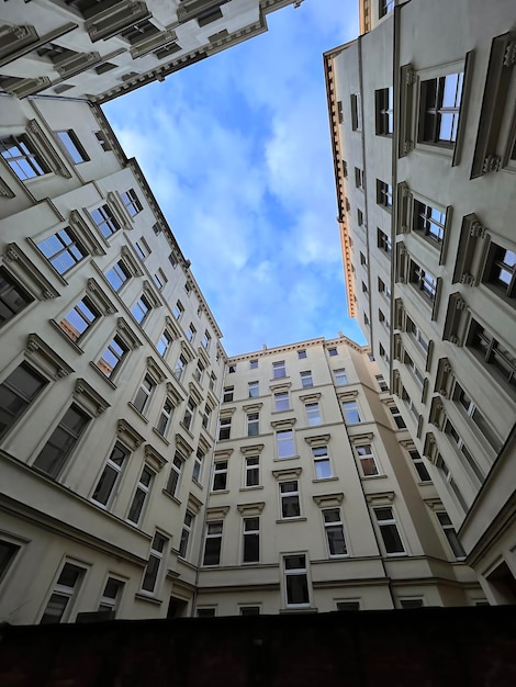 Lowangle photo of the old apartment building's inner yard in Europe The exterior of the flat living house