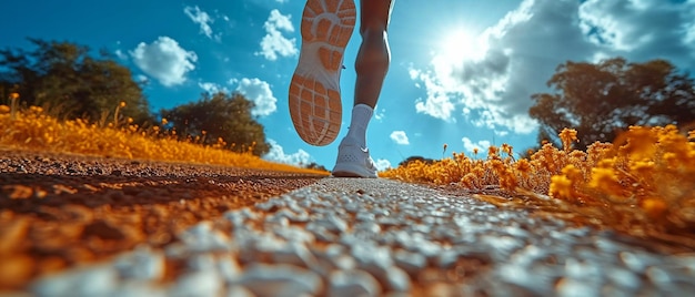 A lowangle shot of an African American male runner winning a race against a blue sky