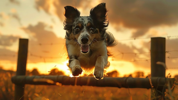 Lowangle shot of a dog leaping over a hurdle